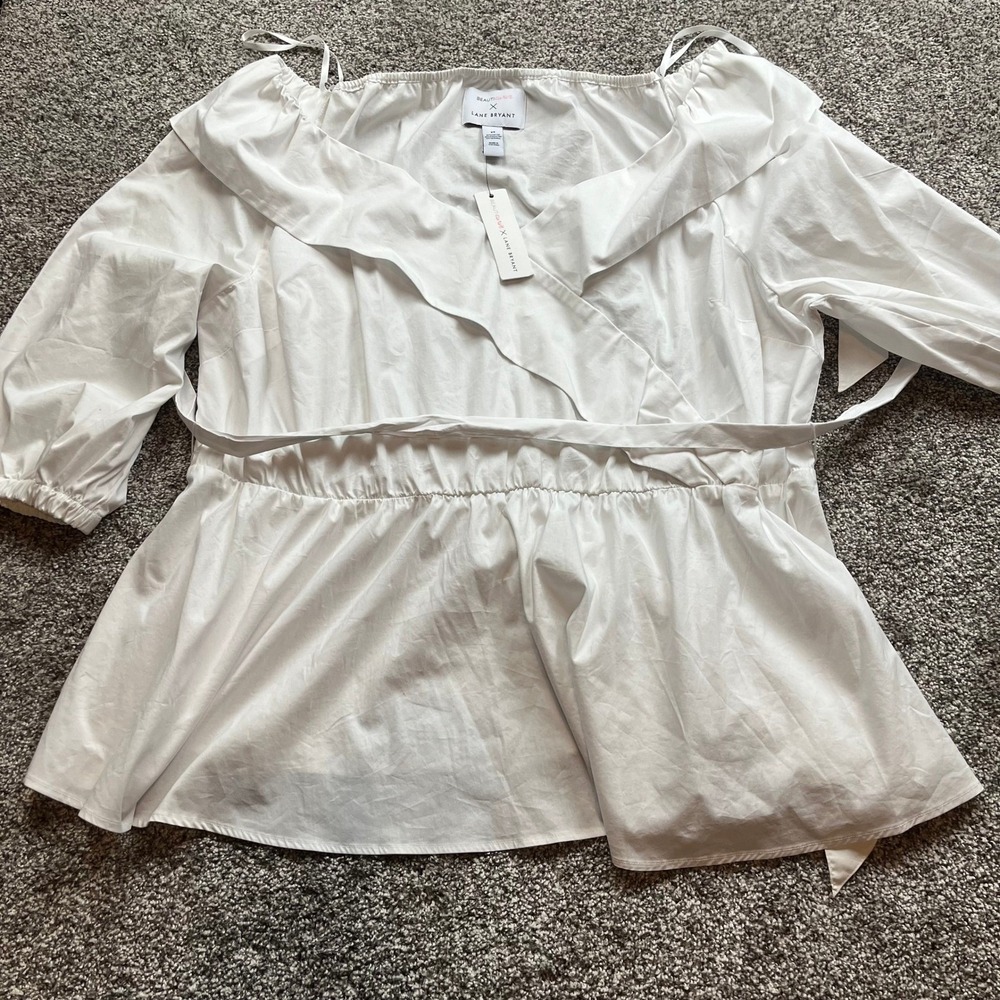 Lane Bryant Top Womens 24 White Off Shoulder Wrap Blouse fit flare belted